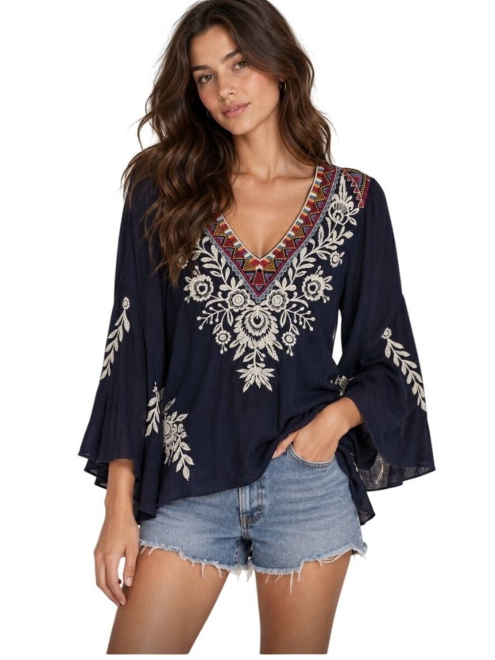 Johnny Was Mica Swing Blouse Navy Blue NWT - Size XS
